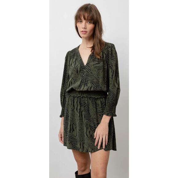 Rails Zana Mini Olive Mixed Animal Stripe Dress Womens XS Long Sleeve V Neck - Picture 1 of 15